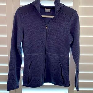 Columbia waffle knit jacket with hood.